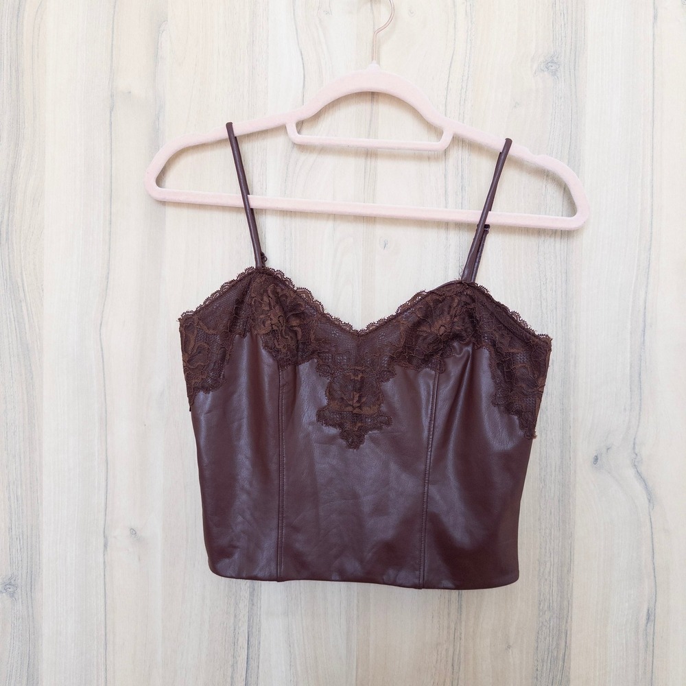 Express Body Contour Faux Leather Lace Cami Corset Top XS Brown Festival Y2K